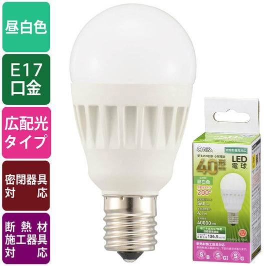 LED電球 小形(40形相当/560lm/昼白色/E17/広配光200°/密閉器具対応/断熱材施工器具対応)_06-4475_LDA4N-G-E17 IS51_OHM(オーム電機)