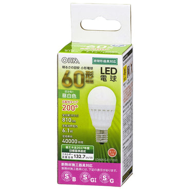 LED電球 小形(60形相当/810lm/昼白色/E17/広配光200°/密閉器具対応/断熱材施工器具対応)_06-4478_LDA6N-G-E17 IS51_OHM(オーム電機)