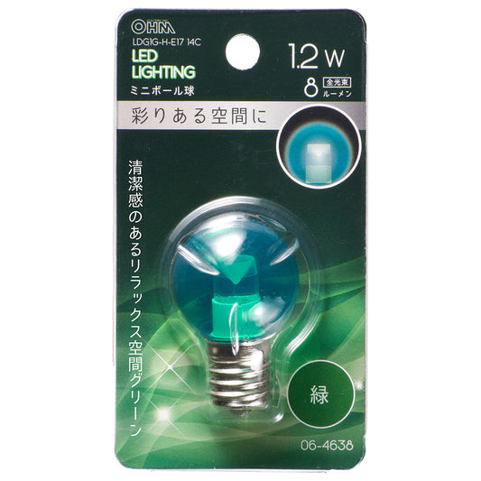 LEDミニボール球(装飾用/1.2W/8lm/クリア緑色/G30/E17)_06-4638_LDG1G-H-E17 14C_OHM(オーム電機)