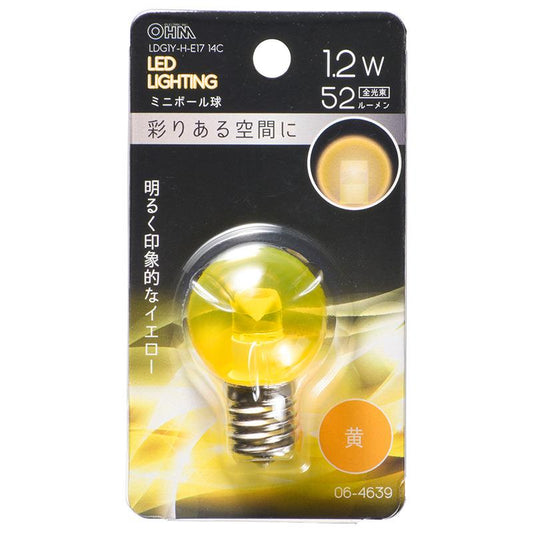 LEDミニボール球(装飾用/1.2W/52lm/クリア黄色/G30/E17)_06-4639_LDG1Y-H-E17 14C_OHM(オーム電機)