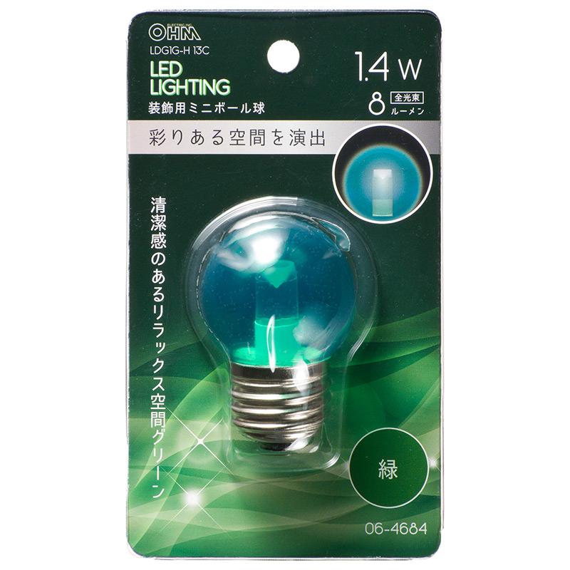 LEDミニボール球(装飾用/1.4W/8lm/クリア緑色/G40/E26)_06-4684_LDG1G-H 13C_OHM オーム電機