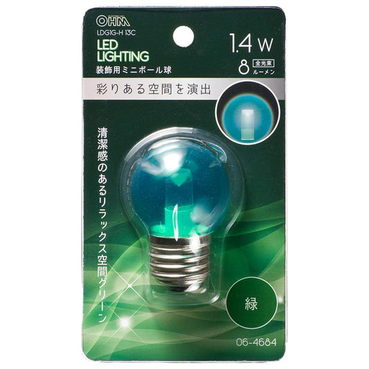 LEDミニボール球(装飾用/1.4W/8lm/クリア緑色/G40/E26)_06-4684_LDG1G-H 13C_OHM(オーム電機)