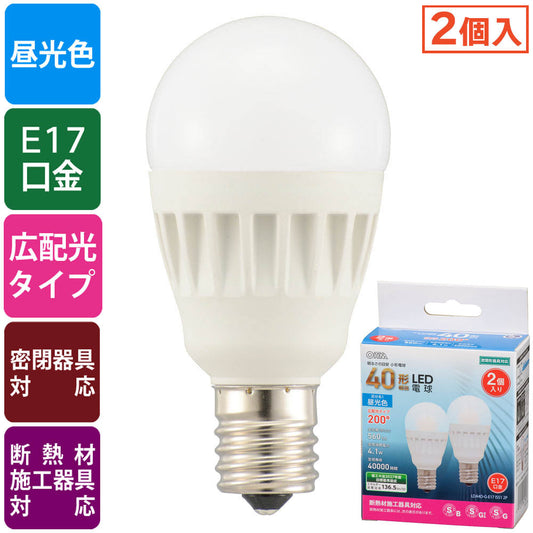 LED電球 小形(40形相当/560 lm/昼光色/E17/広配光200°/密閉器具対応/断熱材施工器具対応/2個入)_06-4718_LDA4D-G-E17 IS51 2P_OHM(オーム電機)
