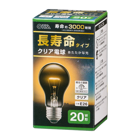 白熱電球 長寿命タイプ(20W形/クリア/電球色/180 lm/19W/E26/調光機能対応)_06-4745_LB-DL5619CN_OHM(オーム電機)