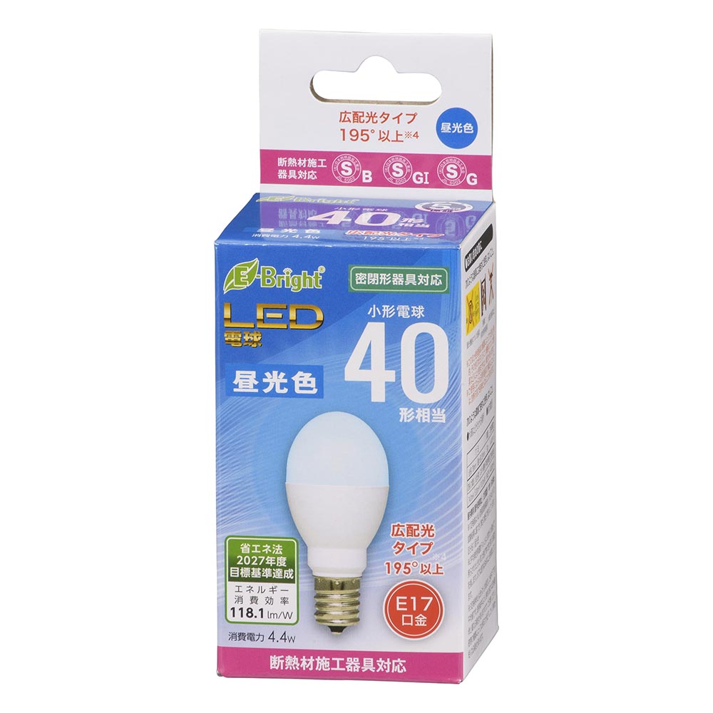 LED電球 小形(40形相当/520 lm/4.4W/昼光色/E17/広配光195°/密閉器具対応/断熱材施工器具対応)_06-4804_LDA4D-G-E17 IH23_OHM(オーム電機)