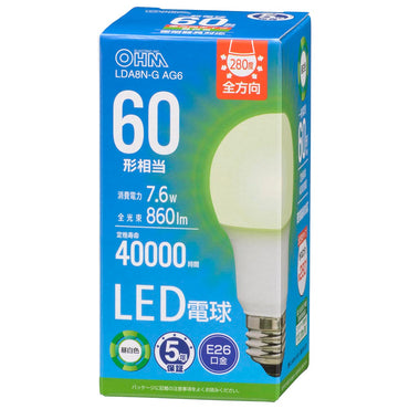 LED電球(60形相当/860lm/昼白色/E26/全方向配光280°/7.6W/密閉器具対応)_06-5515_LDA8N-G AG6_OHM(オーム電機)