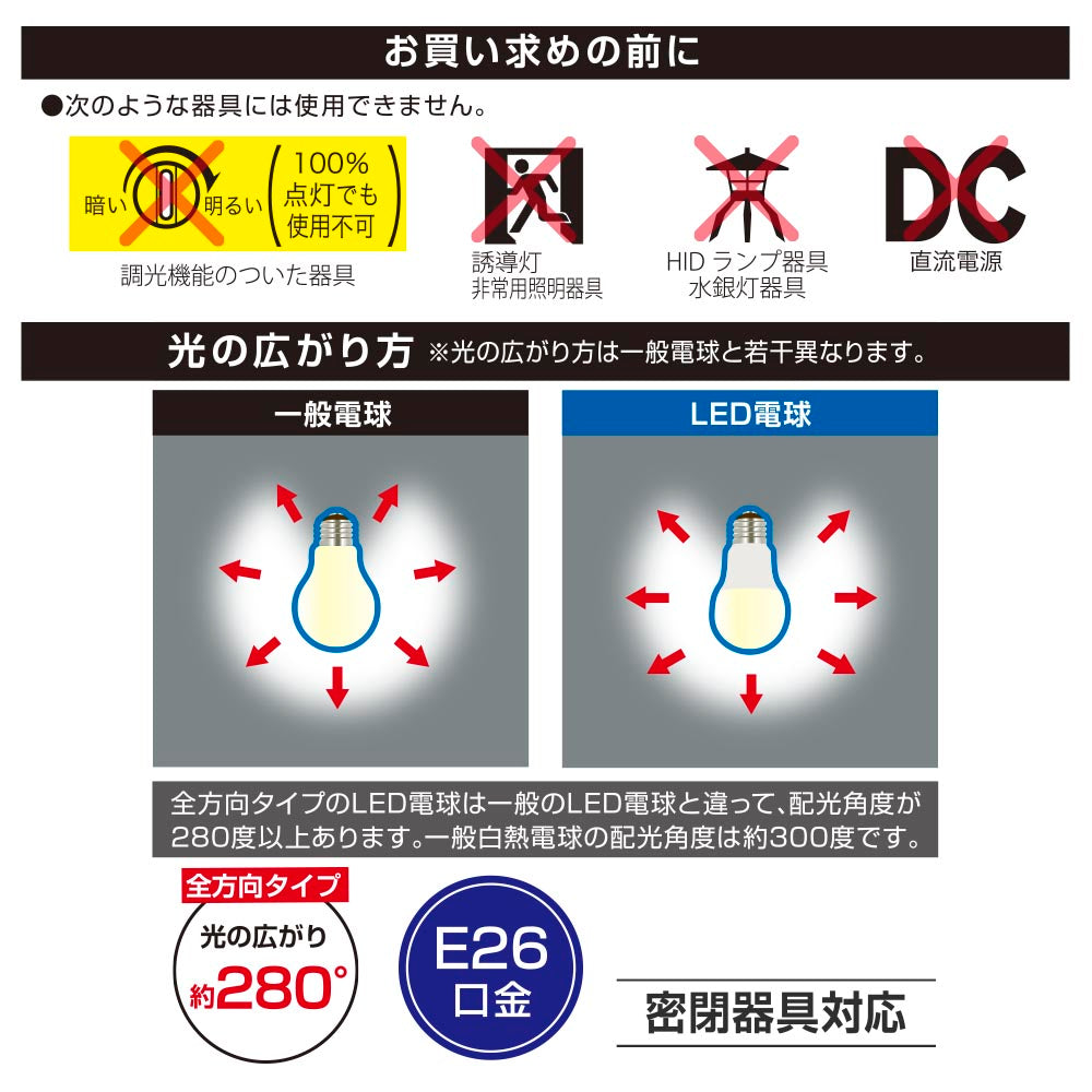 LED電球(40形相当/510lm/電球色/E26/全方向配光280°/4.6W/密閉器具対応/2個入)_06-5517_LDA5L-G AG6 2P_OHM(オーム電機)