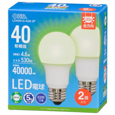 LED電球(40形相当/530lm/昼白色/E26/全方向配光280°/4.6W/密閉器具対応/2個入)_06-5518_LDA5N-G AG6 2P_OHM(オーム電機)