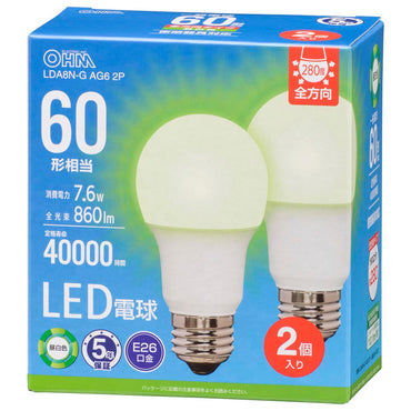 LED電球(60形相当/860lm/昼白色/E26/全方向配光280°/7.6W/密閉器具対応/2個入)_06-5521_LDA8N-G AG6 2P_OHM(オーム電機)