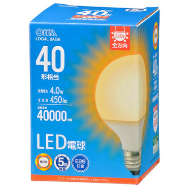 LED電球 ボール球形(40形相当/450 lm/4.0W/電球色/E26/全方向配光240°/密閉形器具対応)_06-5523_LDG4L 8AG6_OHM(オーム電機)