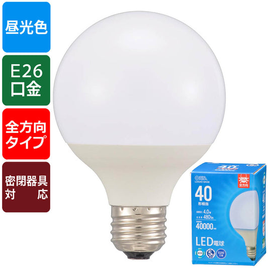 LED電球 ボール球形(40形相当/480 lm/4.0W/昼光色/E26/全方向配光240°/密閉形器具対応)_06-5524_LDG4D 8AG6_OHM(オーム電機)