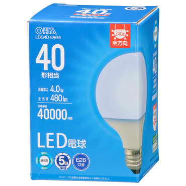 LED電球 ボール球形(40形相当/480 lm/4.0W/昼光色/E26/全方向配光240°/密閉形器具対応)_06-5524_LDG4D 8AG6_OHM(オーム電機)