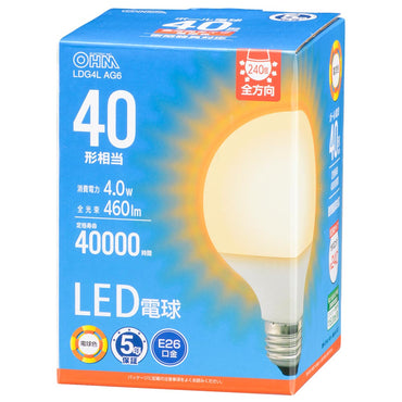 LED電球 ボール球形(40形相当/460 lm/4.0W/電球色/E26/全方向配光240°/密閉形器具対応)_06-5527_LDG4L AG6_OHM(オーム電機)