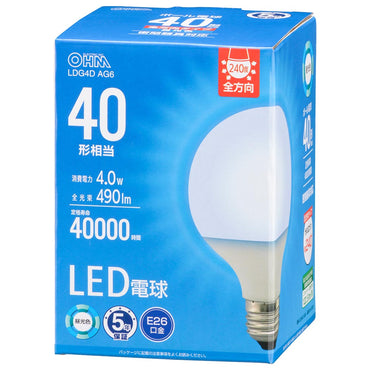 LED電球 ボール球形(40形相当/490 lm/4.0W/昼光色/E26/全方向配光240°/密閉形器具対応)_06-5528_LDG4D AG6_OHM(オーム電機)