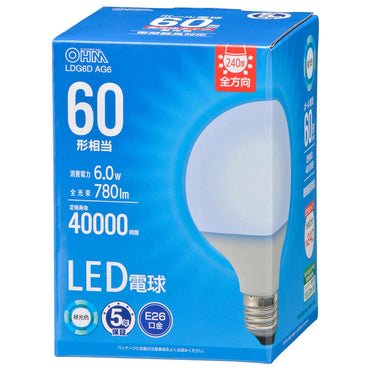 LED電球 ボール球形(60形相当/780 lm/6.0W/昼光色/E26/全方向配光240°/密閉形器具対応)_06-5530_LDG6D AG6_OHM(オーム電機)