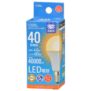 LED電球 小形(40形相当/485 lm/4.0W/電球色/E17/広配光210°/密閉器具対応/断熱材施工器具対応)_06-5539_LDA4L-G-E17 AG6_OHM(オーム電機)