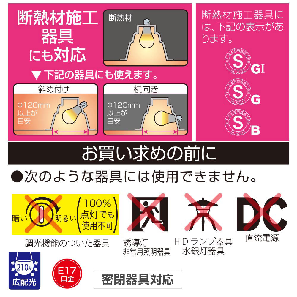 LED電球 小形(40形相当/500lm/4.0W/昼光色/E17/Ra84/広配光210°/密閉形器具対応/断熱材施工器具対応/2個入)_06-5544_LDA4D-G-E17 AG62P_OHM(オーム電機)