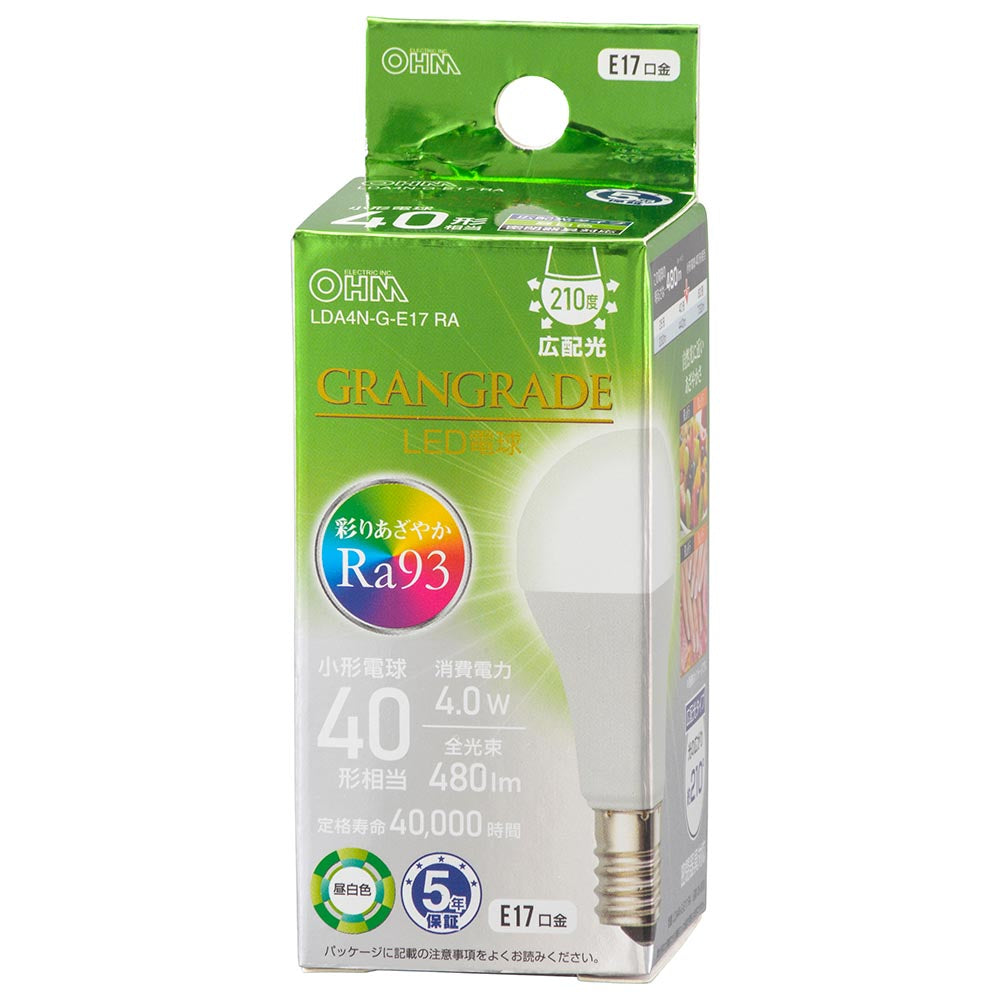 LED電球 小形(Ra93/40形相当/昼白色/480lm/4.0W/E17/広配光210°/密閉形器具対応/断熱材施工器具対応)_06-5558_LDA4N-G-E17 RA_OHM(オーム電機)