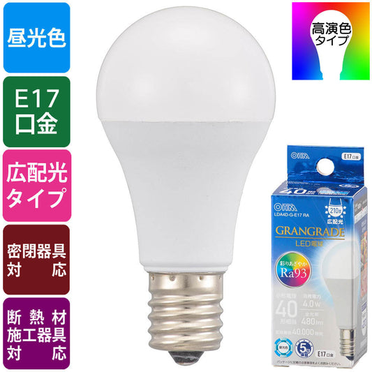 LED電球 小形(Ra93/40形相当/昼光色/480lm/4.0W/E17/広配光210°/密閉形器具対応/断熱材施工器具対応)_06-5559_LDA4D-G-E17 RA_OHM(オーム電機)