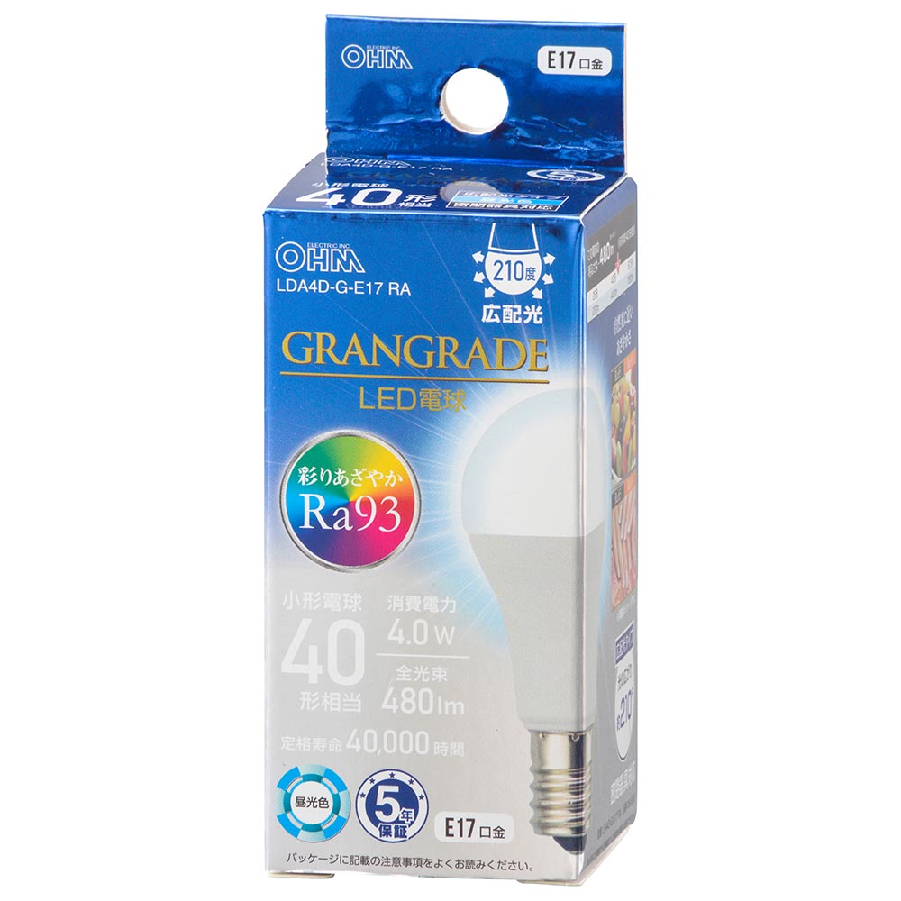 LED電球 小形(Ra93/40形相当/昼光色/480lm/4.0W/E17/広配光210°/密閉形器具対応/断熱材施工器具対応)_06-5559_LDA4D-G-E17 RA_OHM(オーム電機)