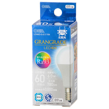 LED電球 小形(Ra93/60形相当/昼光色/780lm/6.0W/E17/広配光210°/密閉形器具対応/断熱材施工器具対応)_06-5565_LDA6D-G-E17 RA_OHM(オーム電機)