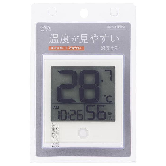 時計付き温湿度計（メモリー機能/カレンダー表示/置き掛け両用/ 単4形×2本使用/ホワイト）_08-1446_TEM-210B-W_OHM（オーム電機）