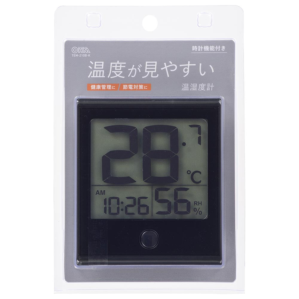 時計付き温湿度計(メモリー機能/カレンダー表示/置き掛け両用/ 単4形×2本使用/ブラック)_08-1447_TEM-210B-K_OHM(オーム電機)