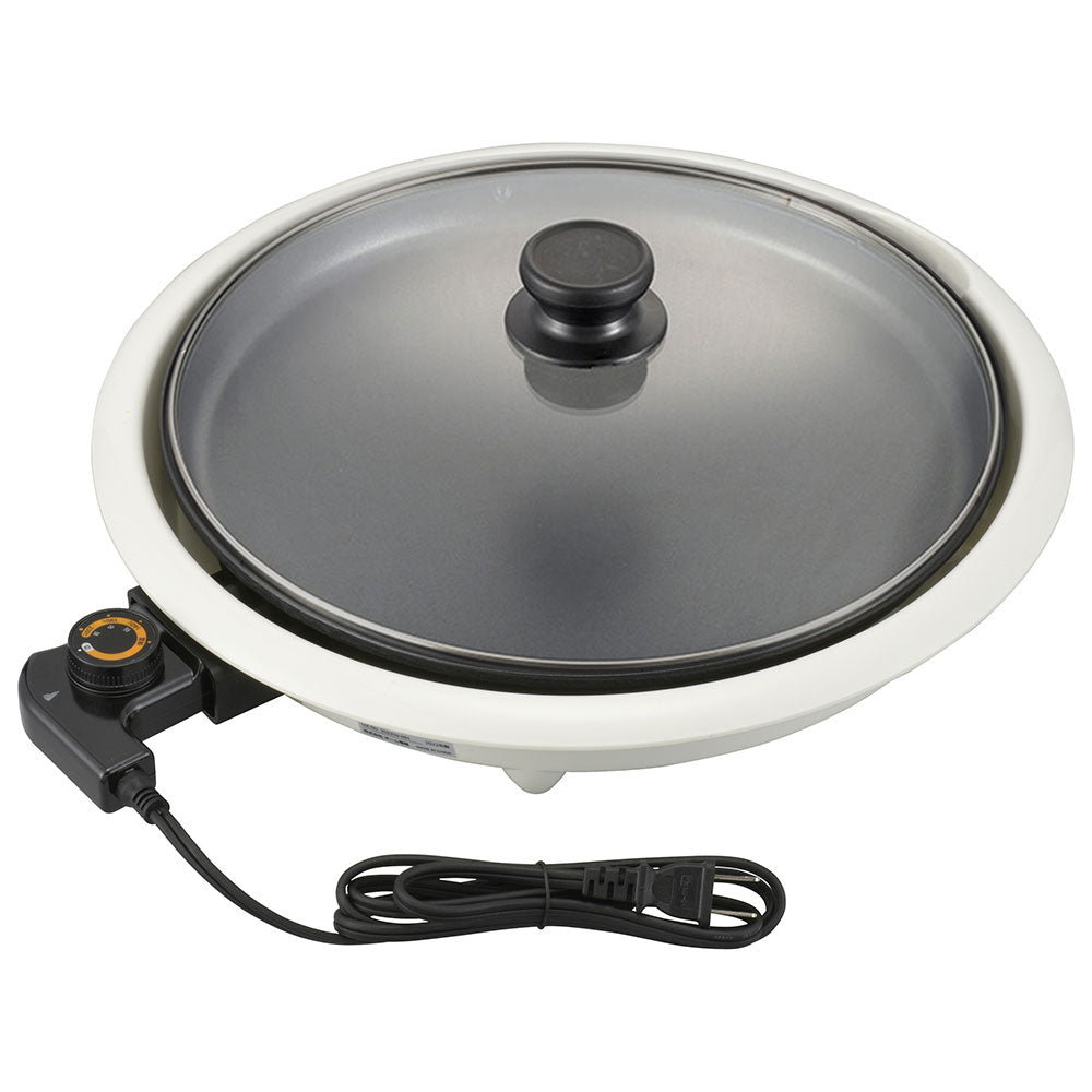 ホットプレート(1300W、230℃ で高温調理/耐熱強化ガラスふた付き/フッ素樹脂加工/プレート着脱式/コード長1.45m/ホワイト)_08-3292_COK-YM130A-W_OHM(オーム電機)