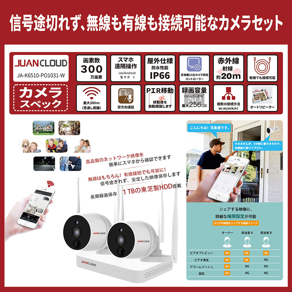Wi-Fiネットワークカメラ10局専用レコーダー+屋外IPカメラ(2台)セット JA-K6510-PO1031-W (D)_水鏡 JUAN CLOUD