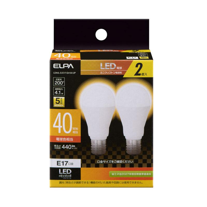 LDA4L-G-E17-G4104-2P_LED電球 2個セット ミニクリプトン球形 口金E17 40W形 電球色_ELPA(エルパ・朝日電器)