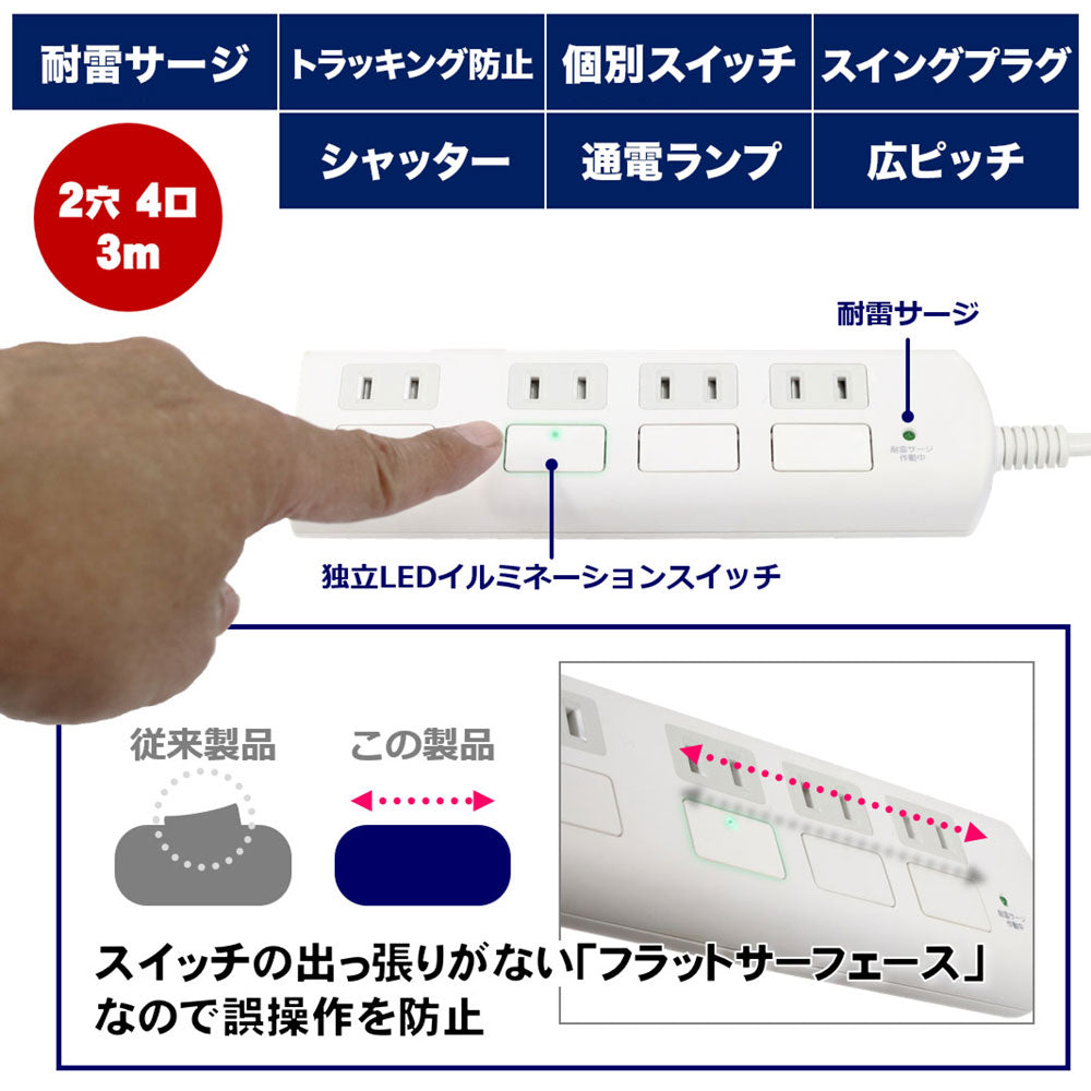 WBS-LS403F(W)_1965500_耐雷フラットスイッチ付タップ4P3m_ELPA(エルパ・朝日電器)