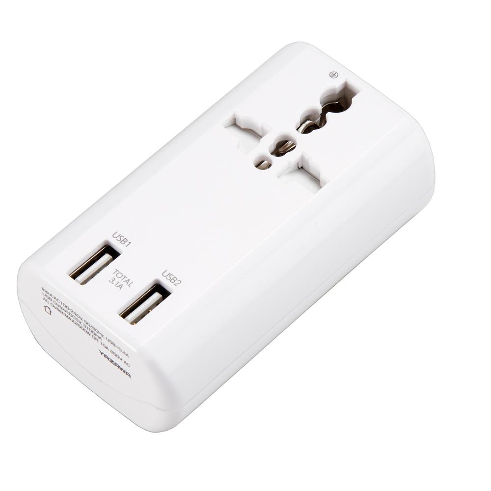 海外用マルチ変換プラグUSB付3.1A白_HPM53AWH_YAZAWA(ヤザワコーポレーション)