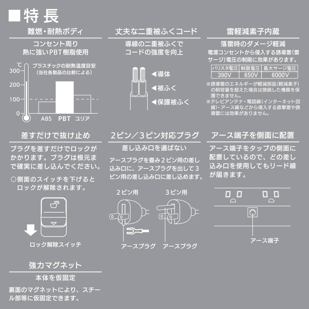 抜け止めタップ（雷ガード/マグネット/2P・3Pプラグ対応/アース付/6個口/2m/白）_00-1048_HS-TKML62-3PE25-W_OHM（オーム電機）
