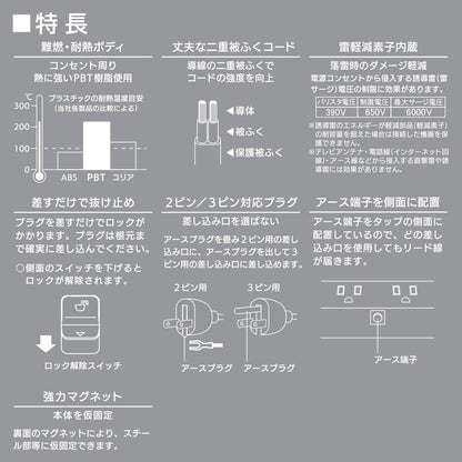 抜け止めタップ（雷ガード/マグネット/2P・3Pプラグ対応/アース付/6個口/2m/白）_00-1048_HS-TKML62-3PE25-W_OHM（オーム電機）