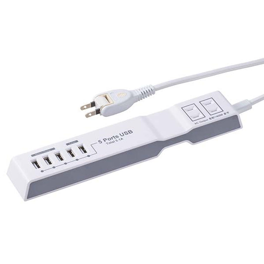 USB充電ポート付きタップ（AC2個口+USB5個口 1.5m）_00-1258_HS-T215UD3-W_OHM（オーム電機）
