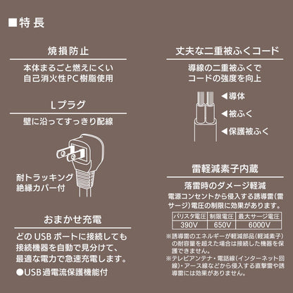 雷ガード・USB・コード付タップ（2個口/1m/USB2個口合計2.4A/Lプラグ/2個口/1m/ホワイト）_00-1655_HS-TKU21W22_OHM（オーム電機）