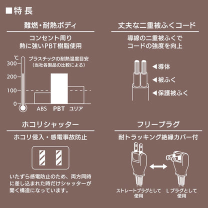 コード付タップ（4個口/3m/難燃・耐熱ボディ/ホコリシャッター付/フリープラグ/ホワイト）_00-1678_HS-T43W22_OHM（オーム電機）