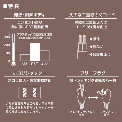 コード付タップ（4個口/5m/難燃・耐熱ボディ/ホコリシャッター付/フリープラグ/ホワイト）_00-1679_HS-T45W22_OHM（オーム電機）