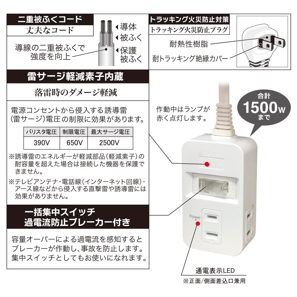 発煙ガードタップ（一括集中スイッチ過電流防止ブレーカー付/雷ガード/3個口/コード1.5m/ホワイト）_00-2581_HS-T315HB-W_OHM（オーム電機）