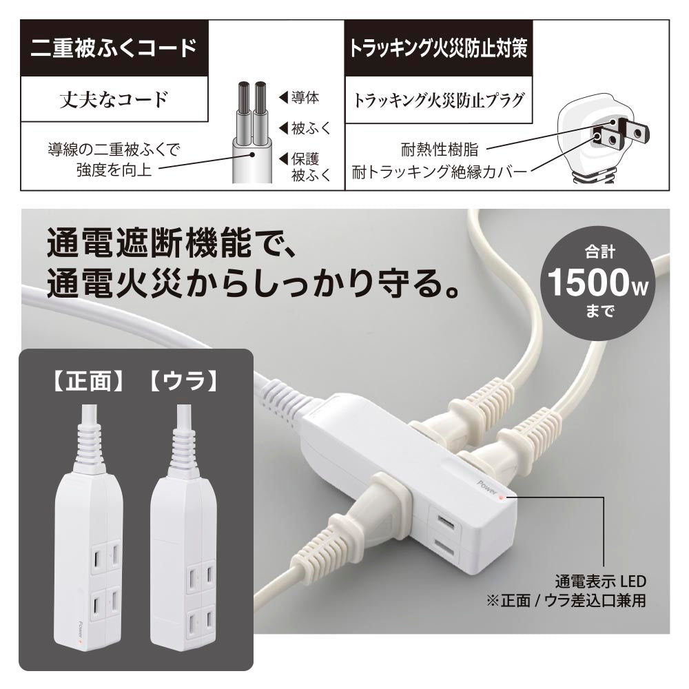 発煙ガードスリムタップ（4個口/コード1.5m/ホワイト）_00-2582_HS-T415H-W_OHM（オーム電機）