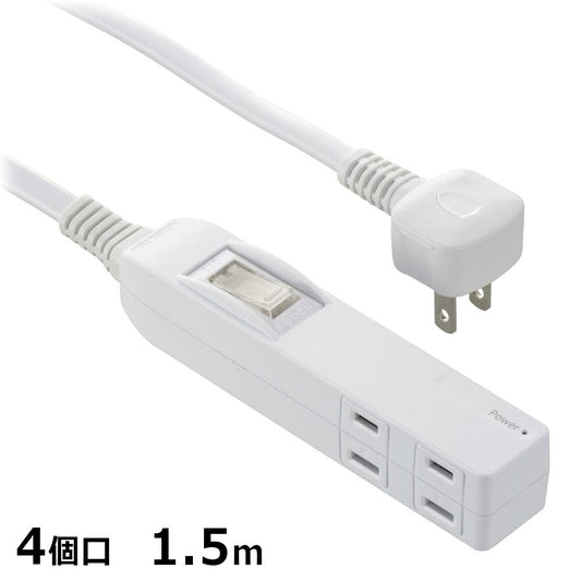 発煙ガードスリムタップ（一括集中スイッチ過電流防止ブレーカー付/4個口/コード1.5m/ホワイト）_00-2583_HS-T415HB-W_OHM（オーム電機）