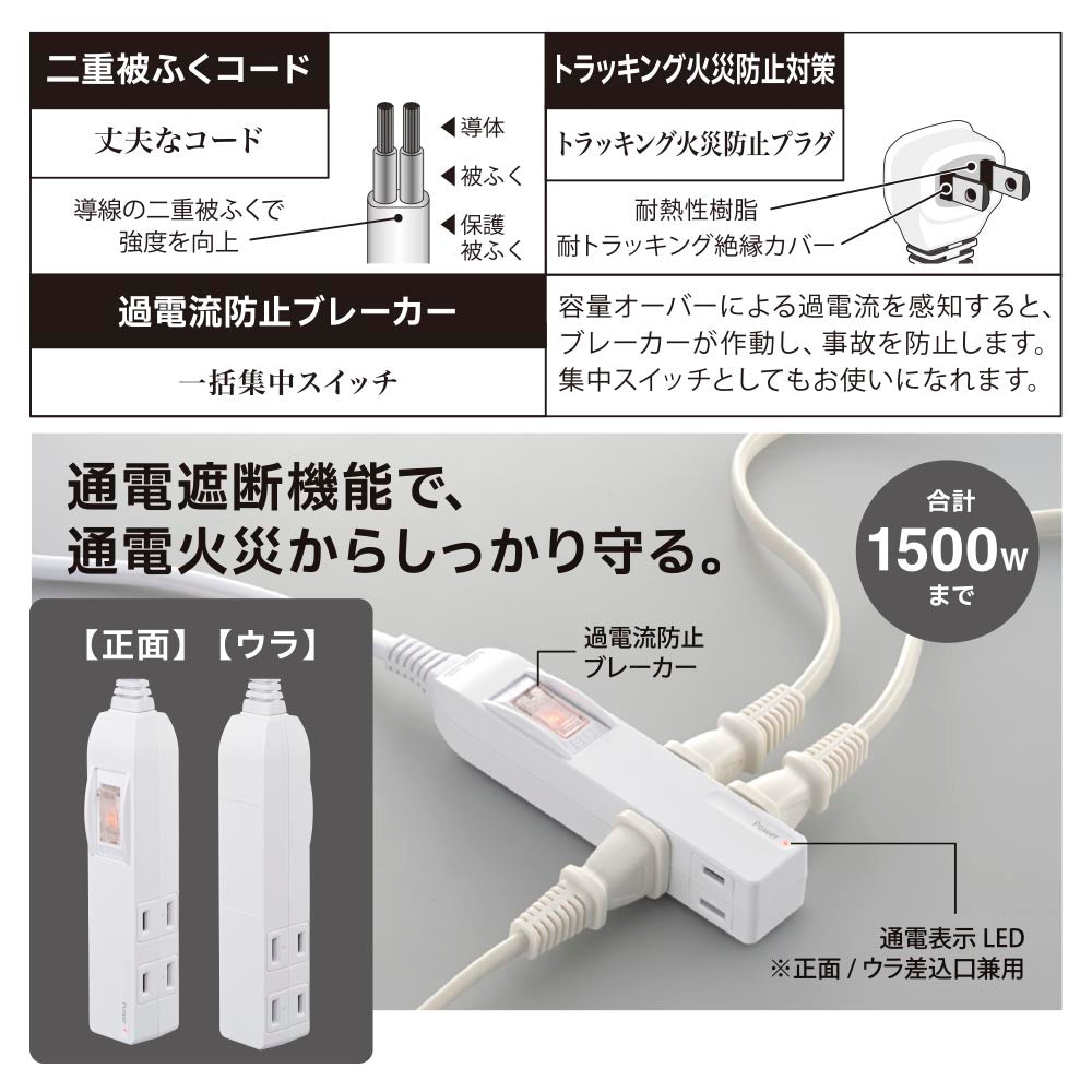 発煙ガードスリムタップ（一括集中スイッチ過電流防止ブレーカー付/4個口/コード1.5m/ホワイト）_00-2583_HS-T415HB-W_OHM（オーム電機）