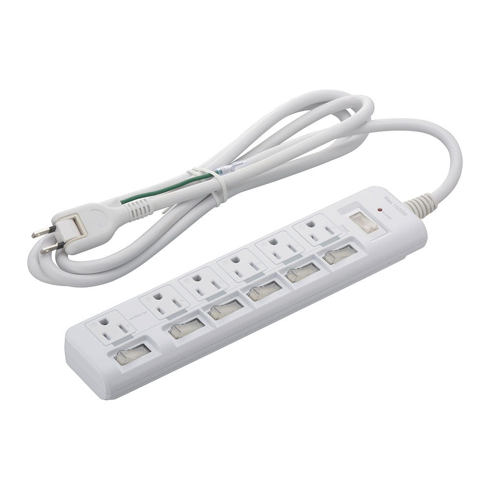 発煙ガード節電タップ（6個口/コード長2m/1500W以下/過電流防止ブレーカー付/個別スイッチ付/ホワイト）　　_00-2587_HS-T623PBHF-W_OHM（オーム電機）