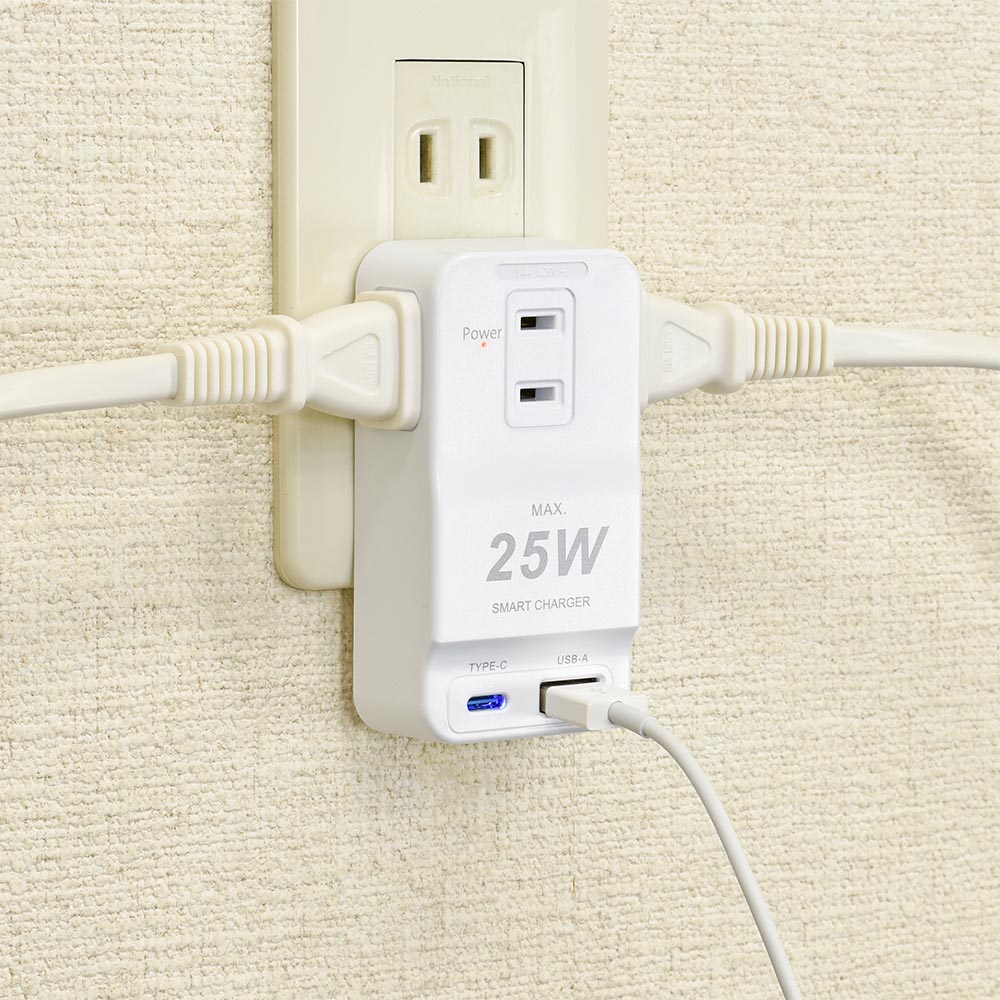 発煙ガードトリプルタップ（USB Type-A、C/3個口/ホワイト）_00-2588_HS-A3U1C1H-W_OHM（オーム電機）