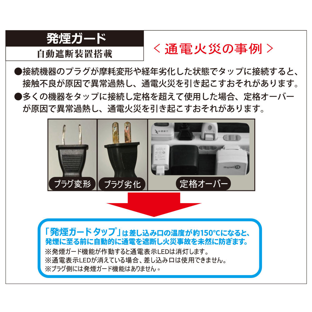 発煙ガード・雷ガード・スイッチ付安全タップ（3個口/1m/ホワイト）_00-5344_HS-TP31HS3-W_OHM（オーム電機）