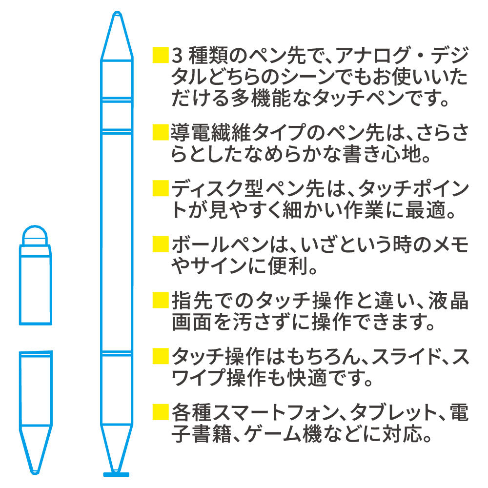 3WAYタッチペン（導電繊維型/ディスク型/ボールペン黒インク/ホワイト）_01-3481_SMP-OTPW3_OHM（オーム電機）