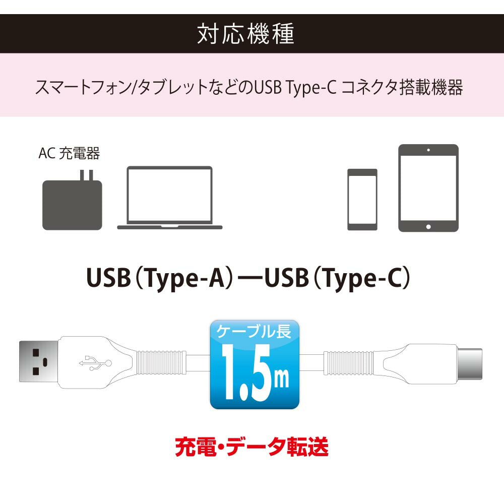 USBケーブル（Type-A to Type-C/3Aの高出力/ロングブッシュ形状/強化メッシュ/1.5m/ホワイト）_01-7182_SMT-L15KAC-W_OHM（オーム電機）