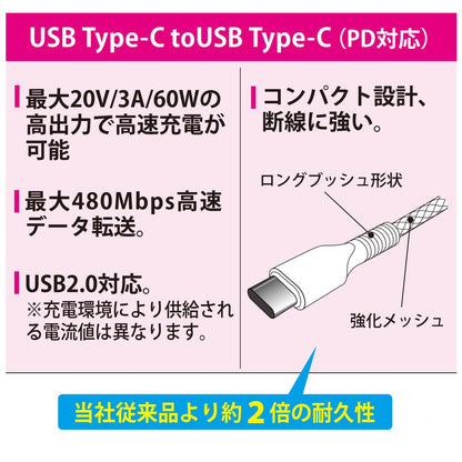 PD対応USBケーブル（Type-C to Type-C/ロングブッシュ形状/強化メッシュ/1m/ホワイト）_01-7184_SMT-L10KCC-W_OHM（オーム電機）