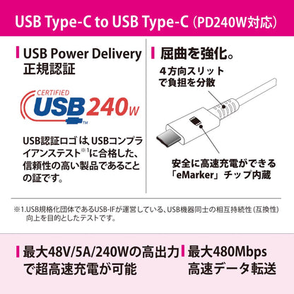 USBケーブル（PD240W対応/Type-C to Type-C/データ転送最大480Mbps/1m/ホワイト）_01-7191_SMT-L10P240-W_OHM（オーム電機）