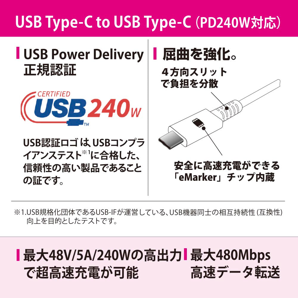 USBケーブル（PD240W対応/Type-C to Type-C/データ転送最大480Mbps/2m/ホワイト）_01-7192_SMT-L20P240-W_OHM（オーム電機）